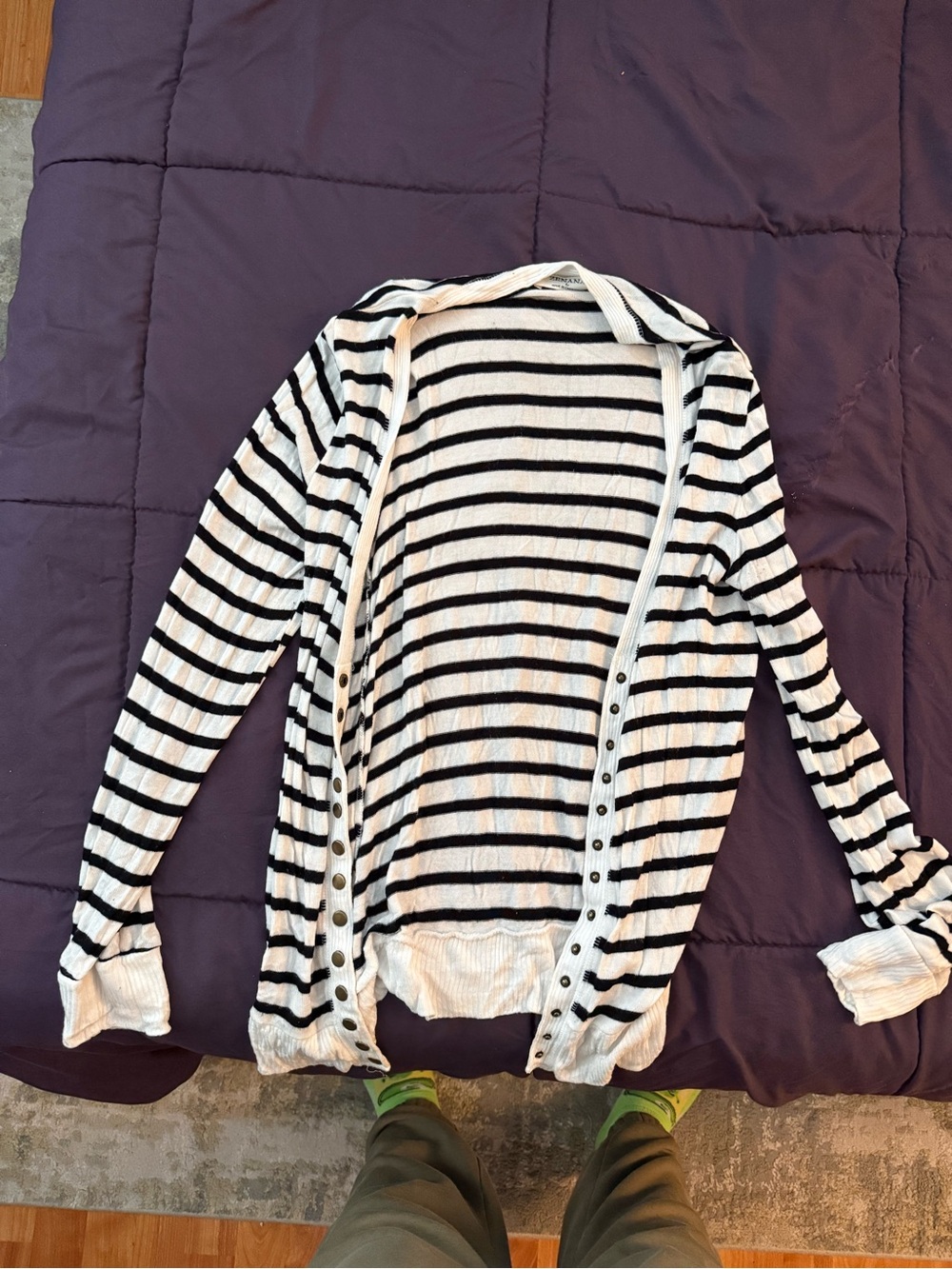 Zenana Outfitters Black and White Striped Button-Front Cardigan